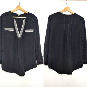 Joie Mystic Popover‎ Split Vneck Silk Shirt Blouse Black Gray Off White XS